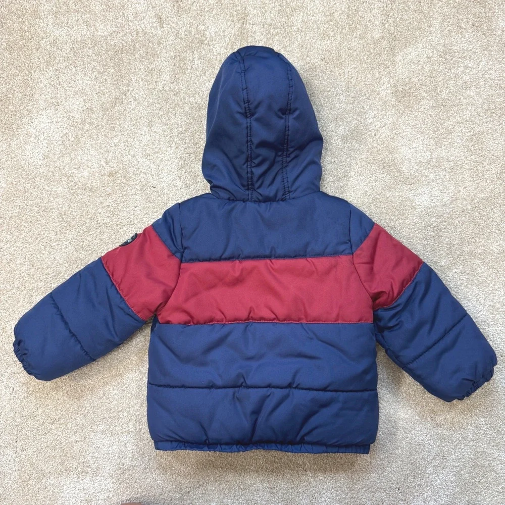 OshKosh Bgosh Kids 3T Puffer Jacket Navy Blue Red Sherpa Hooded Winter Coat